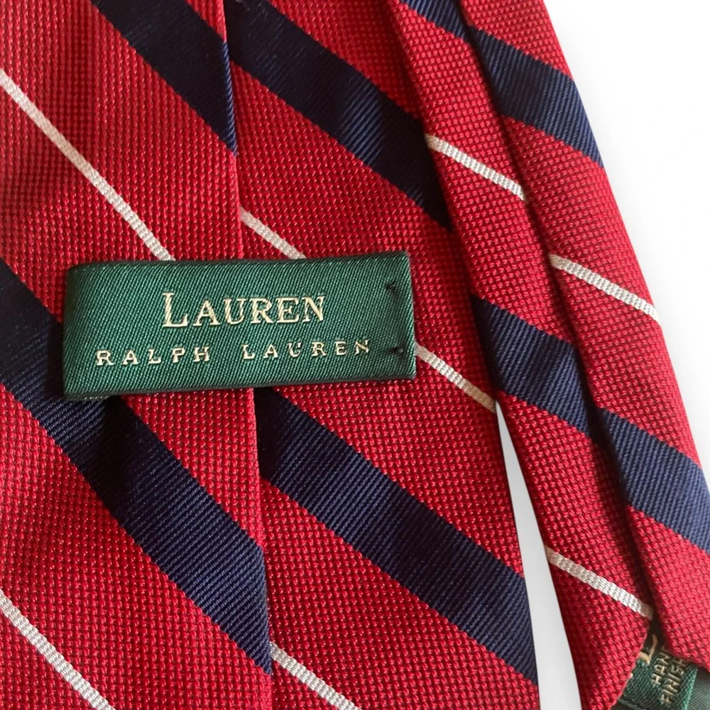 Lauren Ralph Lauren Striped 100% Silk Tie‎ Red Navy White Wide Made  in USA